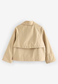 Beige jas met een kraag en een gelaagd ontwerp aan de achterkant, met raglanmouwen en een gladde textuur, weergegeven vanuit de achterkant.