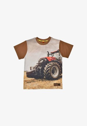 Children's short-sleeve shirt with brown sleeves featuring a large red tractor on a dry grassy field printed on the front.