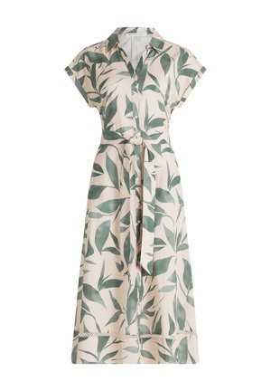 Let, kortærmet kjole med knaplukning foran og grønne bladmotiver på beige baggrund. Inkluderer et bælte til taljen og blonder på kanten.
