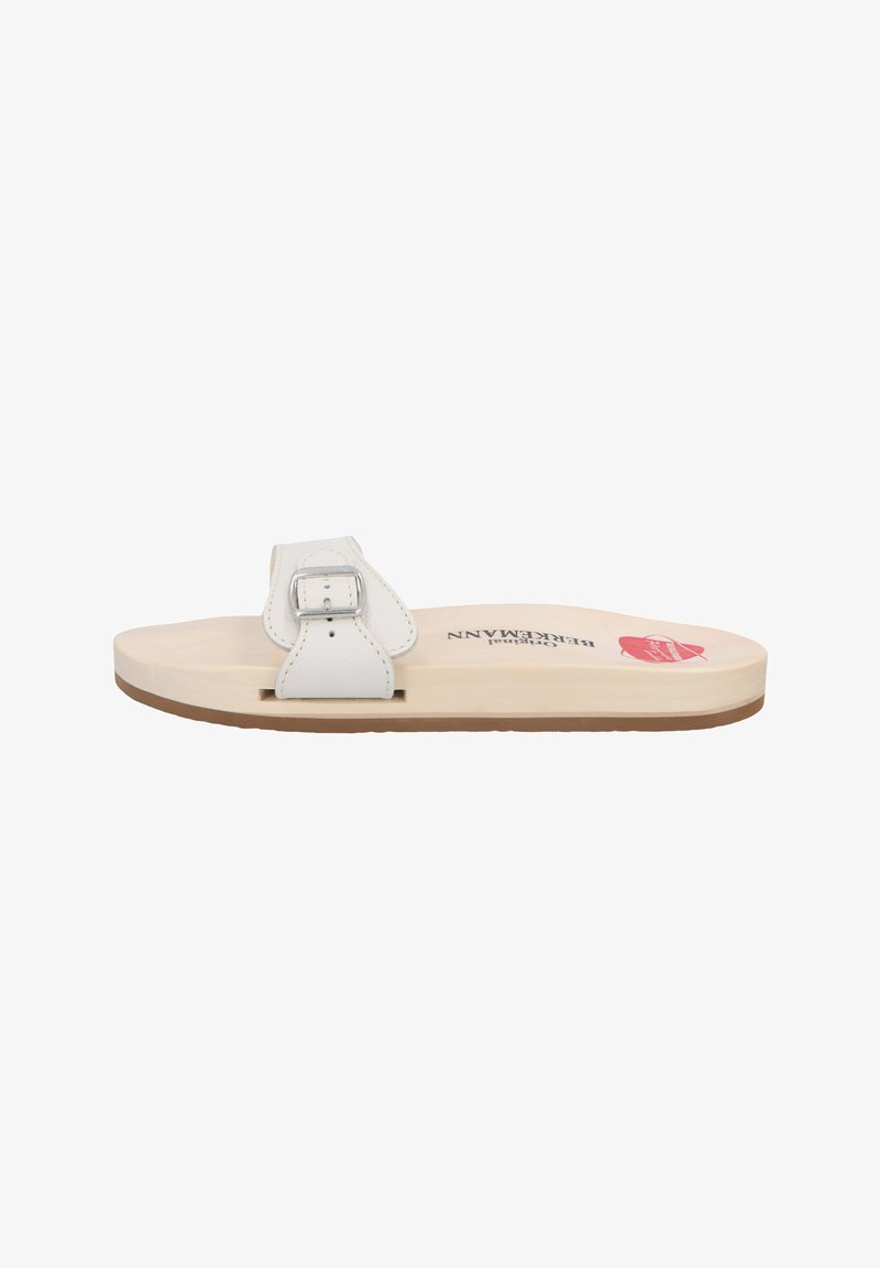 White sandal with a single strap and a silver buckle, wooden footbed, and rubber sole. Features brand logo printed on the insole.