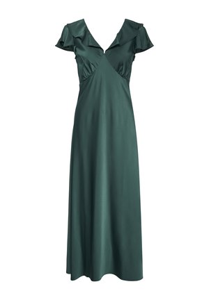 Donkergroene satijnen maxi-jurk met zwierige mouwen, diepe V-hals en een getailleerde taille, hangend tegen een witte achtergrond.