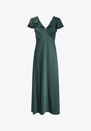 Donkergroene satijnen maxi-jurk met zwierige mouwen, diepe V-hals en een getailleerde taille, hangend tegen een witte achtergrond.