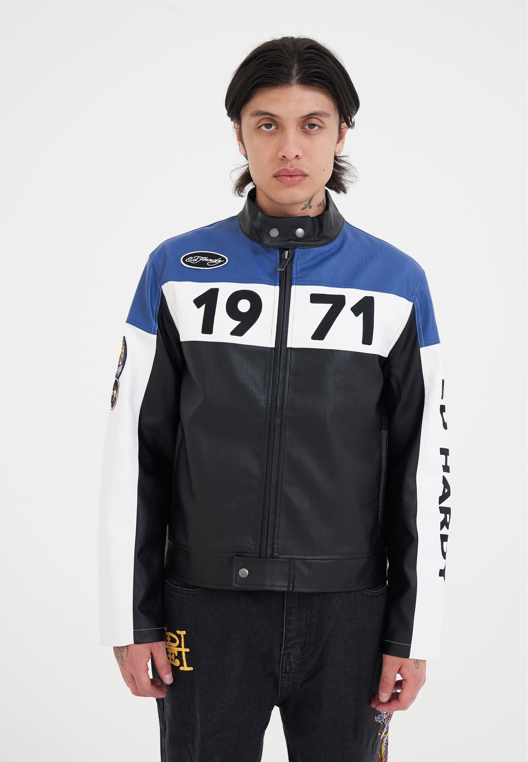 Ed Hardy MOTO BIKER - Faux leather jacket - black blue white/black