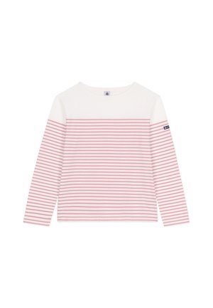 Long-sleeve top, white with thin pink horizontal stripes, round neckline, soft fabric, featuring a branded detail on the left sleeve.