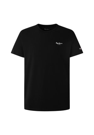 Schwarzes T-Shirt mit kurzem Arm und Rundhalsausschnitt, mit kleinem weißen "Pepe Jeans London"-Logo auf der linken Brust und einem kleinen Etikett am rechten Ärmel.