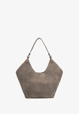 Gray suede hobo bag with a wide, rounded top, tapered bottom, and adjustable shoulder strap. Smooth texture and minimalist design details.