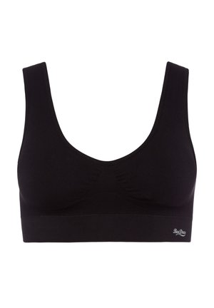 Schwarzer BH aus glattem Stoff, mit breiten Trägern und runder Ausschnittform. Verfügt über ein dezentes Logo am Band und ein nahtloses Design.