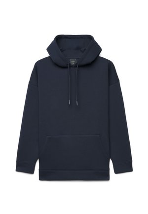 Sweat à capuche bleu marine à enfiler avec poche kangourou devant et capuche à cordon ajustable, présenté sur fond blanc.