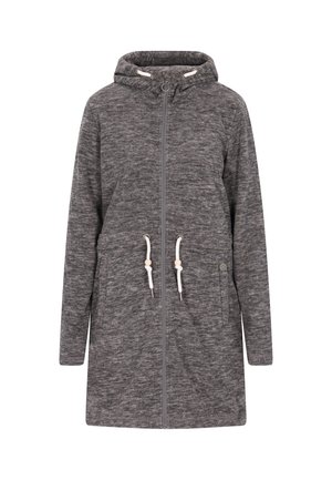 Grijze, capuchonjack met een gestructureerde stof, voorritssluiting, twee zijzakken en witte trekkoordaccenten met houten kralen. Lange mouwen.