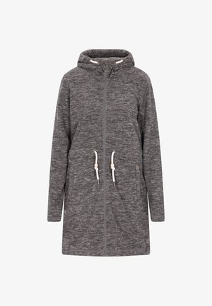 Grijze, capuchonjack met een gestructureerde stof, voorritssluiting, twee zijzakken en witte trekkoordaccenten met houten kralen. Lange mouwen.