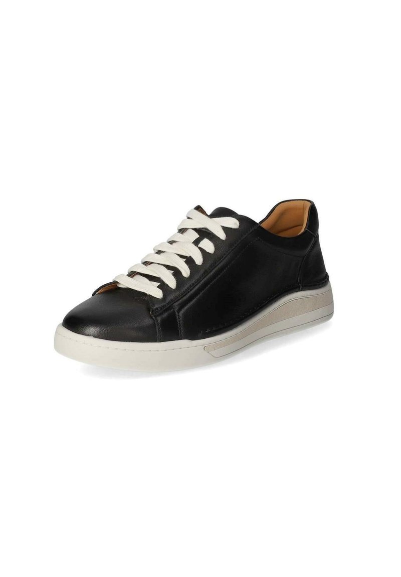 Schwarze Ledersneaker mit einer weißen Gummisohle, runder Zehenpartie und kontrastierenden weißen Schnürsenkeln. Verfügt über eine glatte Textur und ein minimalistisches Design.