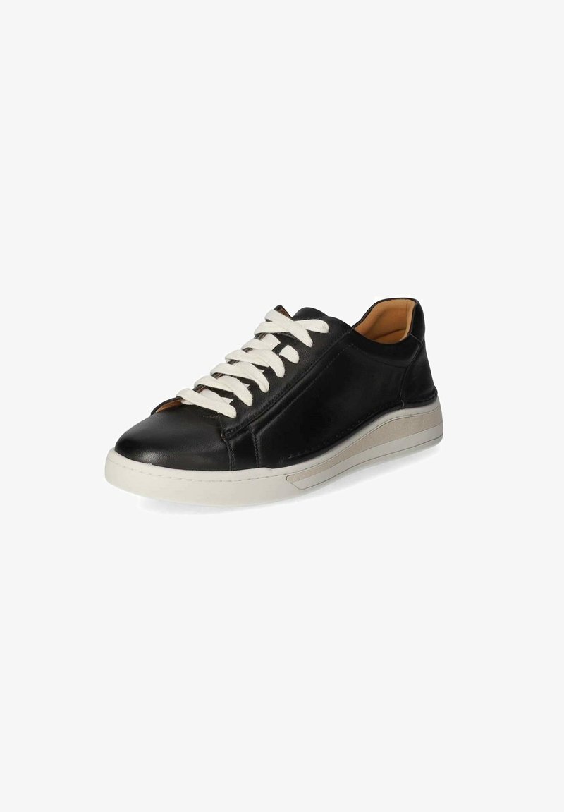 Schwarze Ledersneaker mit einer weißen Gummisohle, runder Zehenpartie und kontrastierenden weißen Schnürsenkeln. Verfügt über eine glatte Textur und ein minimalistisches Design.