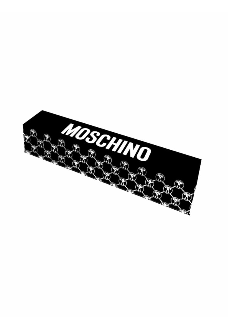 Schwarze Moschino-Box mit einem sich wiederholenden weißen Totenkopf-Muster auf einer Seite und dem auffälligen weißen "MOSCHINO"-Text auf der Oberseite. Rechteckige Form.