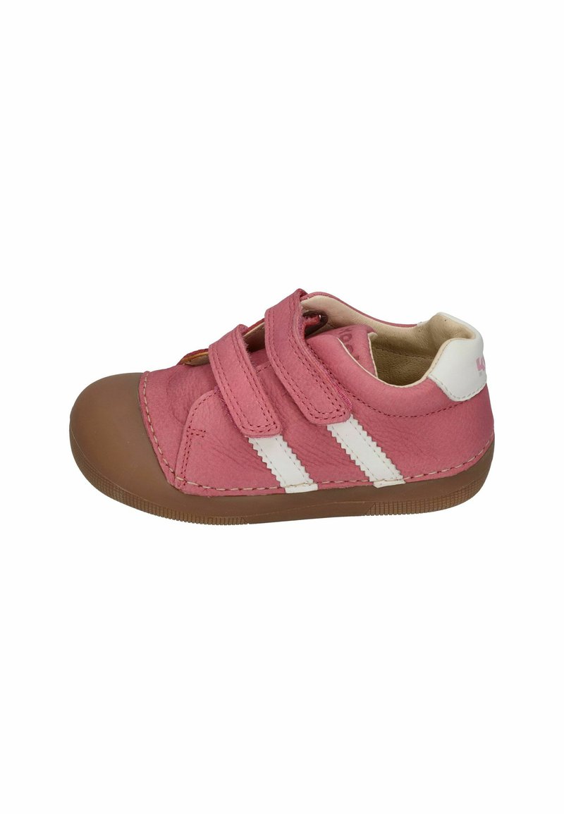 Pink leather shoe with brown rubber outsole, featuring two white stripes and Velcro straps for closure and comfort. Rounded toe design.