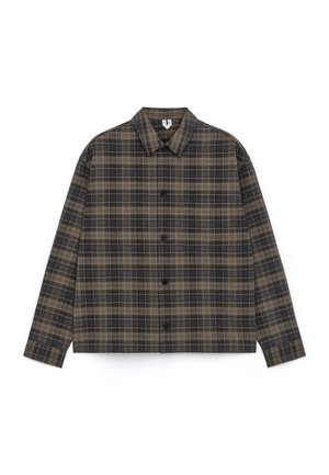 Brown and black plaid long-sleeve button-up shirt with collar, laid flat on a white background.