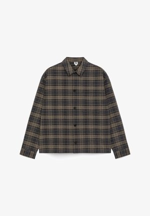 Brown and black plaid long-sleeve button-up shirt with collar, laid flat on a white background.