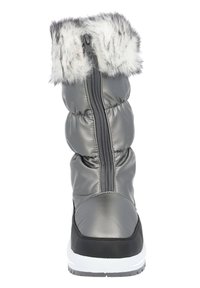 Bota de invierno gris con una parte superior acolchada y tipo edredón, borde de piel sintética en la parte superior, cierre de cremallera y una suela texturizada en blanco y negro.