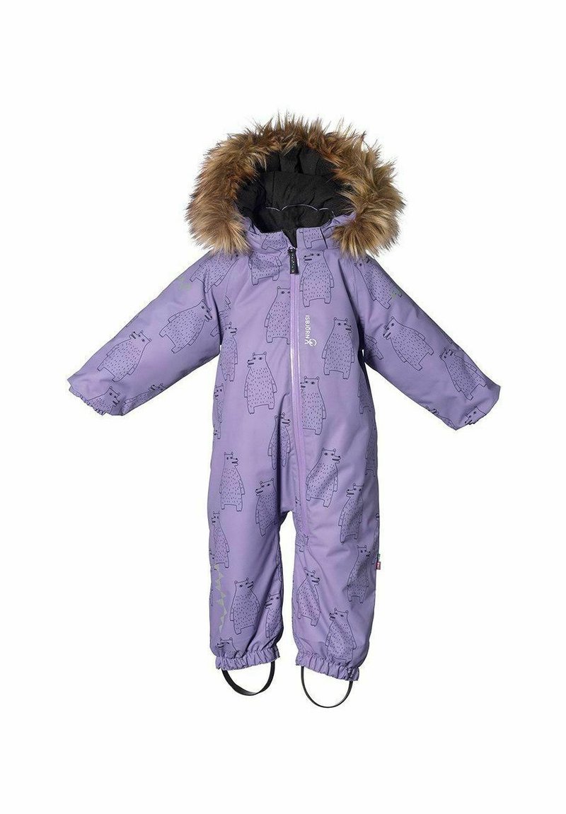 Lila overall med björntryck, med en foder av päls vid huvan, frontdragkedja, elastiska ärmslut och fotremmar för säker passform. Lättviktig tyg.