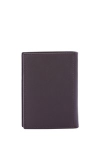 Portafoglio in pelle marrone scuro con una texture liscia, forma rettangolare e bordi cuciti. Nessun hardware o motivo visibile.