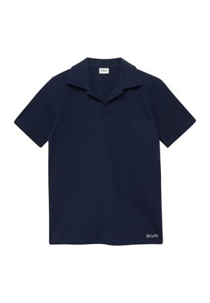 Marineblaue Polohemd mit kurzen Ärmeln, geripptem Stoff, offenem Kragen und kleinem "SLVR"-Logo am unteren Saum.