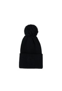 Czarna dziana czapka beanie z fakturą prążkowaną, z podwiniętym mankietem i puszystym pomponem na górze.