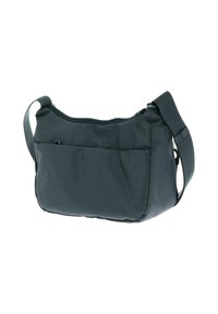 Borsa a tracolla di tessuto verde scuro con texture, dotata di chiusura zip, una tasca esterna e una tracolla regolabile. Forma compatta e arrotondata.