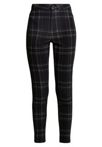 Svarta rutiga byxor med en figurnära design, som har tunna beige och blå linjer, tryckknappsförslutning och inga synliga fickor.