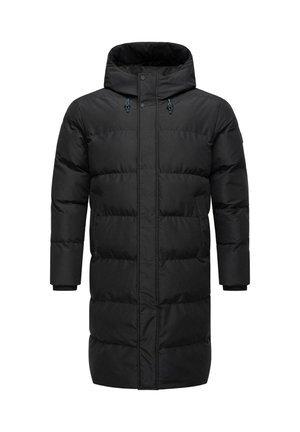 Schwarzer gepolsterter Mantel mit hohem Kragen, ausgestattet mit einem Frontreißverschluss und Druckknöpfen, langen Ärmeln und gerader Silhouette.