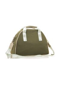 Olivenfarbene Stofftasche mit runder Form, cremefarbigen Akzenten, zwei Griffen und einem abnehmbaren mintgrünen Riemen mit aufgedrucktem Text.