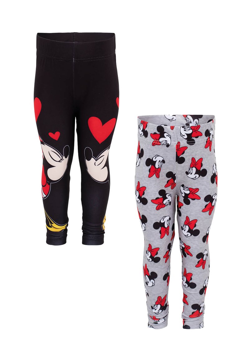 Czarne legginsy z czerwonymi serduszkami i wzorem Myszki Miki, w połączeniu z szarymi legginsami z powtarzającym się nadrukiem Myszki Miki i Myszki Minnie w czerwonych kokardkach.