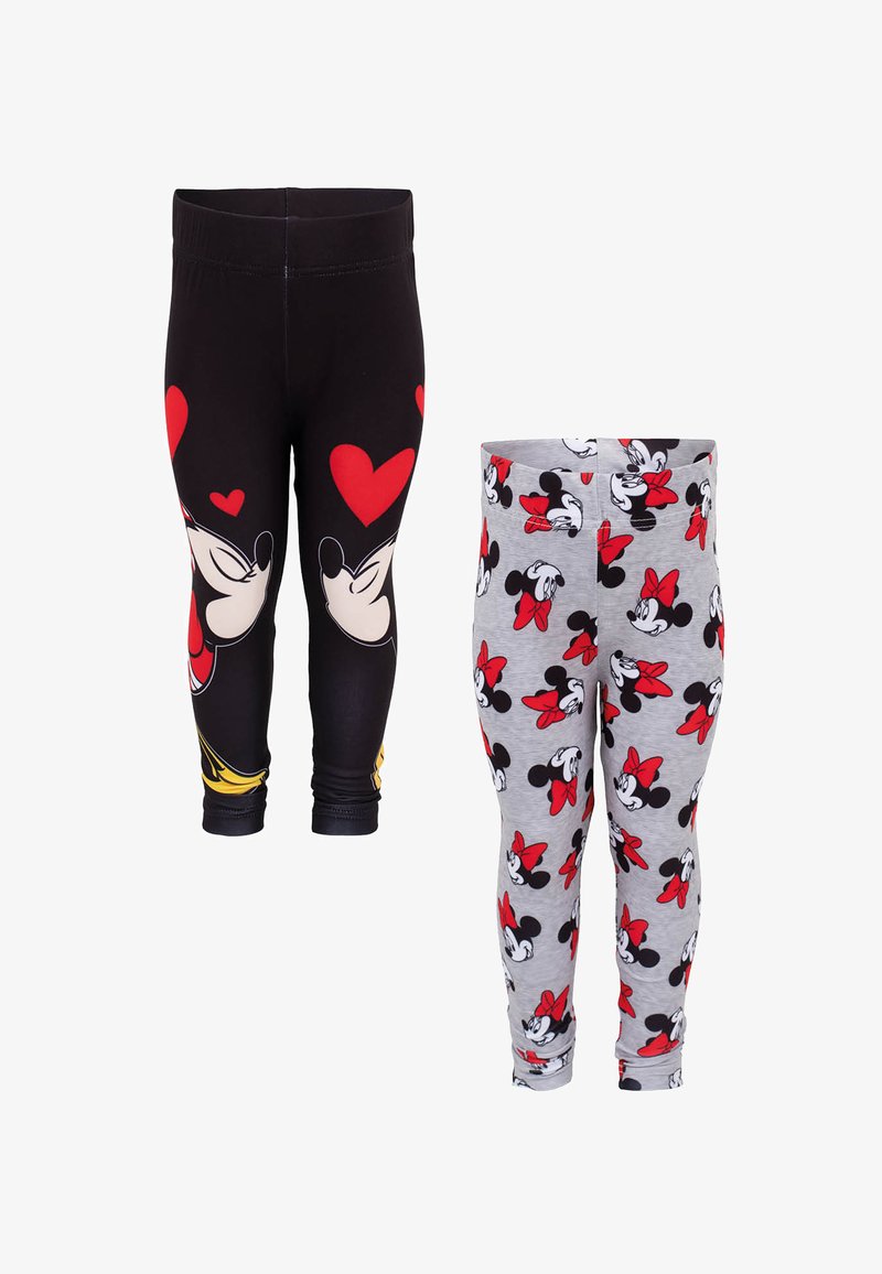 Czarne legginsy z czerwonymi serduszkami i wzorem Myszki Miki, w połączeniu z szarymi legginsami z powtarzającym się nadrukiem Myszki Miki i Myszki Minnie w czerwonych kokardkach.