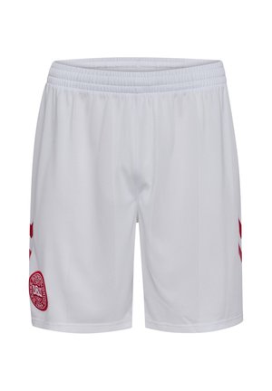 Hvide atletikshorts med elastisk taljebånd, med rødt emblem og chevron-detaljer på siderne.