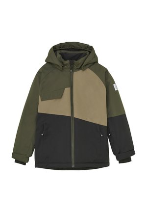 Parka jacket with a hood, featuring a color block design in dark green, olive, and black. Textured fabric with front zip and snap pockets.