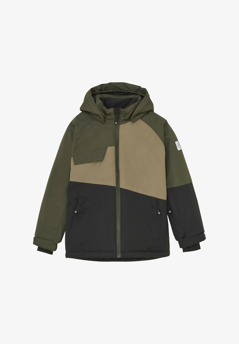 Parka jacket with a hood, featuring a color block design in dark green, olive, and black. Textured fabric with front zip and snap pockets.
