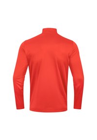 Langärmliges rotes Hemd mit Stehkragen, glatter Textur und ohne sichtbare Muster oder Hardware. Rückansicht, taillierte Passform.