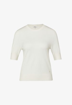 White short-sleeve crew neck t-shirt with a small brand tag near the bottom hem, displayed on a plain background.