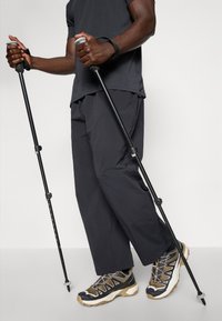 Black hiking pants paired with sturdy hiking shoes featuring a patterned design. User holds black trekking poles with rubber grips.