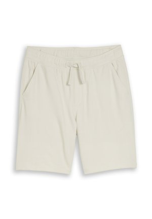 Shorts décontractés beige clair avec taille élastique, cordon de serrage et poches latérales, posés à plat sur un fond blanc.