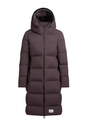 Padded long coat in dark purple, featuring a high collar, front zipper, and side pockets. Smooth texture with a modern, streamlined design.