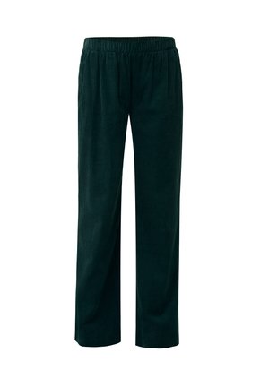 Pantaloni in velluto a coste verde scuro con vita elastica, caratterizzati da una texture a righe verticali e una vestibilità ampia. Senza ulteriori dettagli.