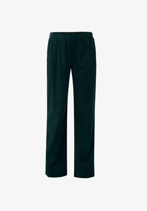 Dunkelgrüne Cordhosen mit einem elastischen Bund, die eine vertikale Rippstruktur und eine lockere Passform aufweisen. Keine zusätzlichen Details.