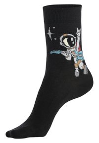 Schwarze Baumwollsocken mit einem weltraumthematischen Design, das einen Astronauten zeigt, der eine Gitarre hält. Die Farben umfassen Weiß, Grau und Akzente in Hellblau.