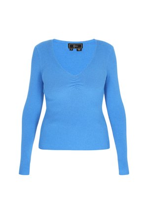 Maglione blu rigato con scollo a V e maniche lunghe, caratterizzato da una silhouette aderente e dettagli arricciati sul davanti.