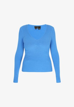 Blå ribbet sweater med V-hals og lange ærmer, der har en tætsiddende silhuet og rynkedetalje foran.