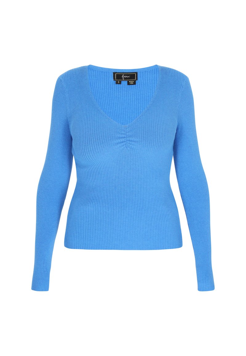 Maglione blu rigato con scollo a V e maniche lunghe, caratterizzato da una silhouette aderente e dettagli arricciati sul davanti.