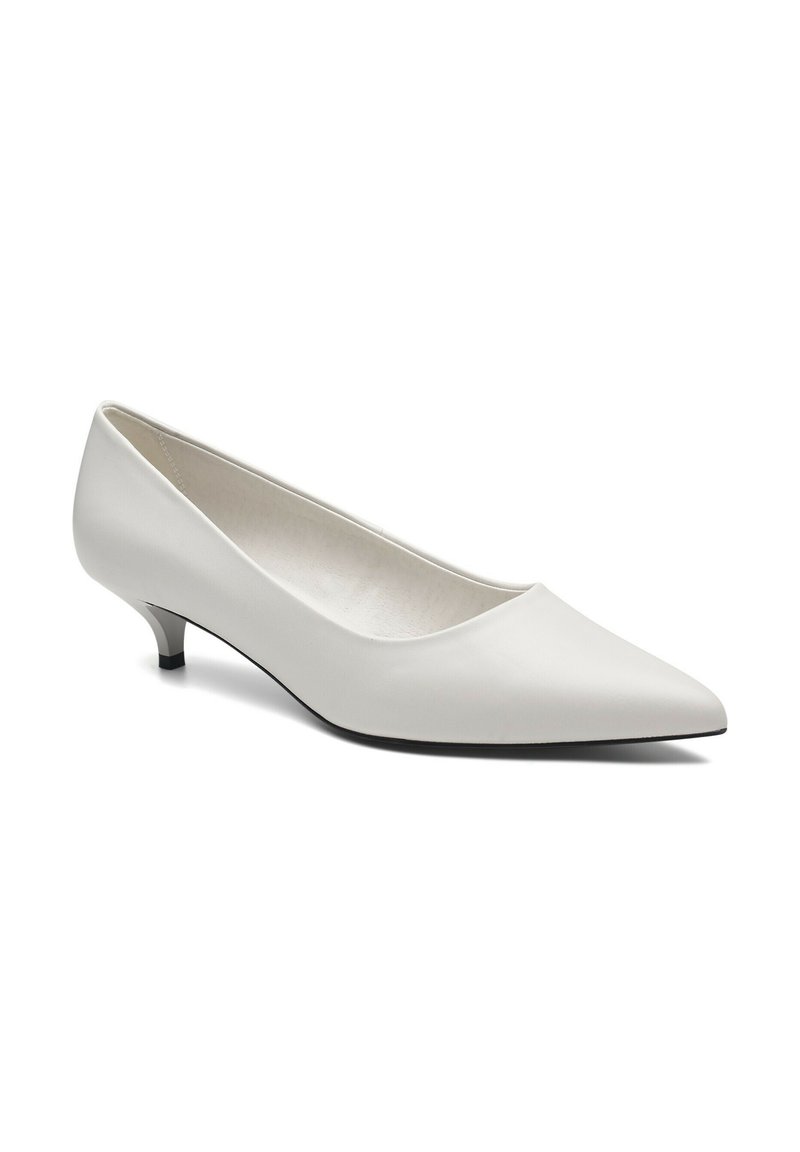 White leather pump with a pointed toe, low heel, and smooth texture. Features a classic design suitable for formal or professional settings.