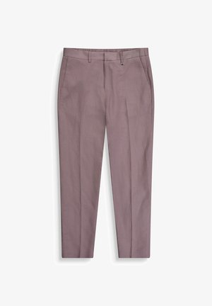 Mauve herenpakkenbroek met rechte pasvorm, voorzien van riemlussen, steekzakken aan de voorkant en een klein metalen ringdetail bij de tailleband.