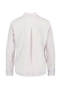 Back view of a long-sleeve shirt with vertical light beige and cream stripes, featuring a pointed collar and pleat detail at the yoke.