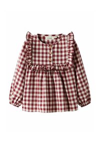 Blusa de manga larga de cuadros vichy rojos y blancos con un cuello con volantes y botones de madera, que cuenta con puños elásticos y cintura con fruncido.