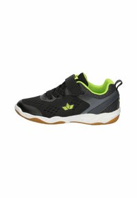 Black athletic shoe with mesh upper, lime green accents, Velcro strap, and rubber sole. Features perforated sections for breathability.